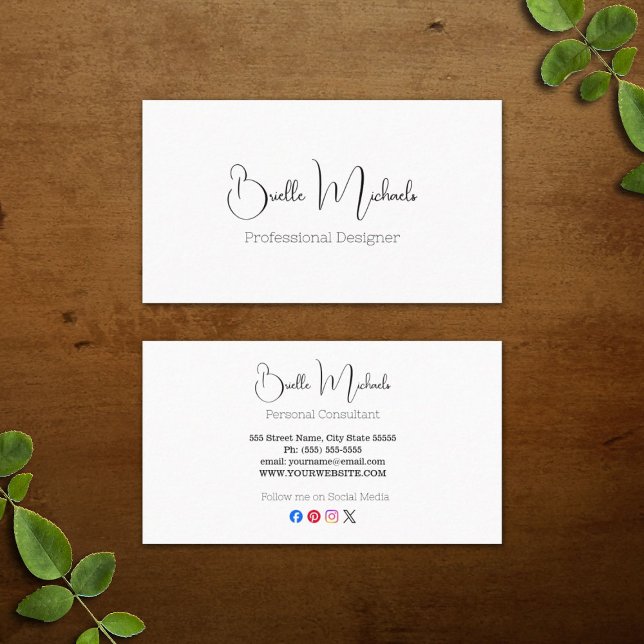 Minimal Signatur för Modedesigner Visitkort (Professional Social Media Simple Elegant Text Business Cards)