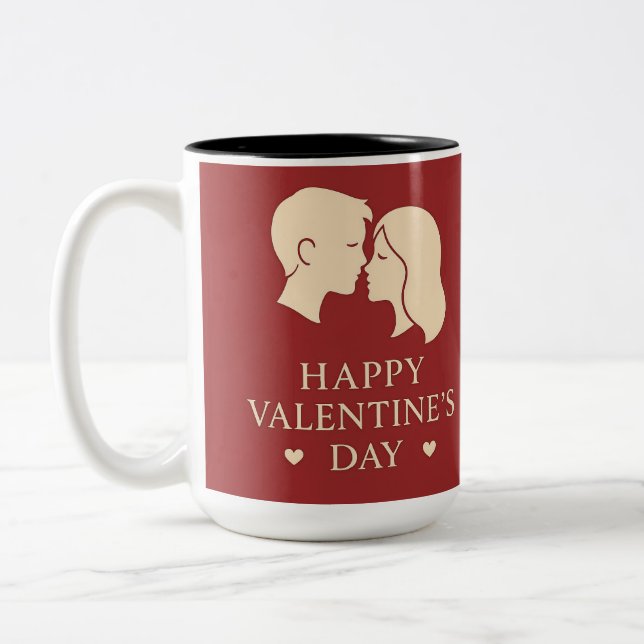 Minimal Silhouette Couple Happy Valentines Heart Två-Tonad Mugg (Vänster)