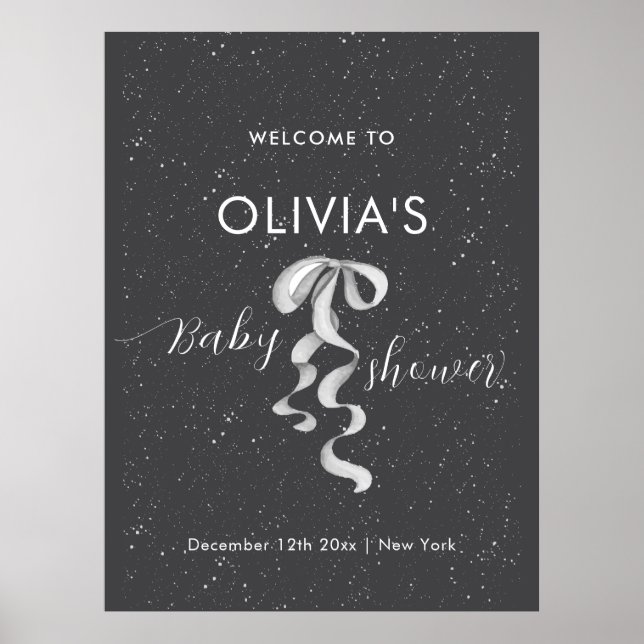 Minimal Silver Bow Winter Snow Baby Shower Welcome Poster (Framsidan)