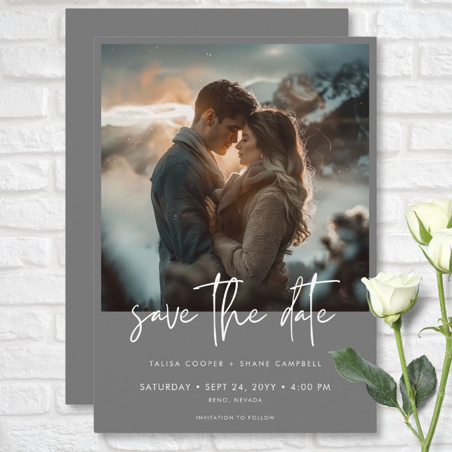 Minimal Silver Grått Modern Photo Bröllop Spara Datumet (Minimal Silver Gray Modern Photo Wedding Save The Date)