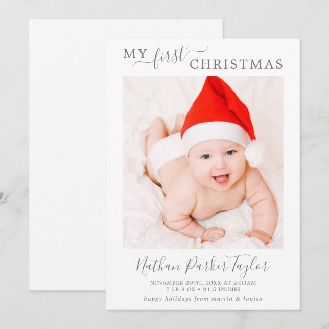 Minimal Silver - min första julfoto Baby Julkort (Fram/baksida)