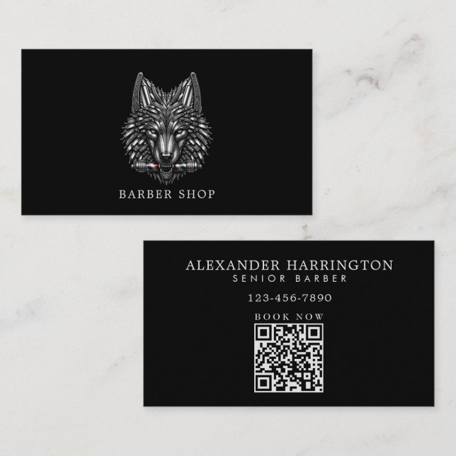 Minimal Silver Wolf Professional Barber Shop Logot Visitkort (Fram/baksida)