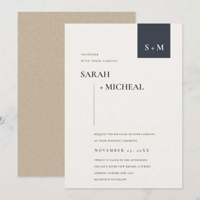 MINIMAL SKANDI BLACK WHITE MONOGRAM WEDDING INVITE TACK KORT (Fram/baksida)