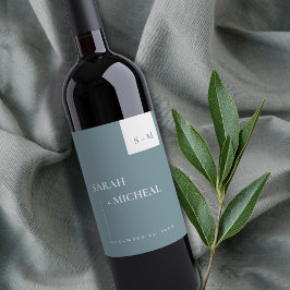 MINIMAL SKANDI DUSKY BLUE GRÅTT MONOGRAM BRÖLLOP VINFLASKA ETIKETT