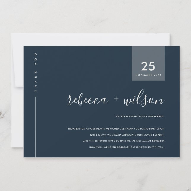 MINIMAL SKANDI NAVY GRÅTT BLUE TYPOGRAFI BRÖLLOP TACK KORT (Framsida)