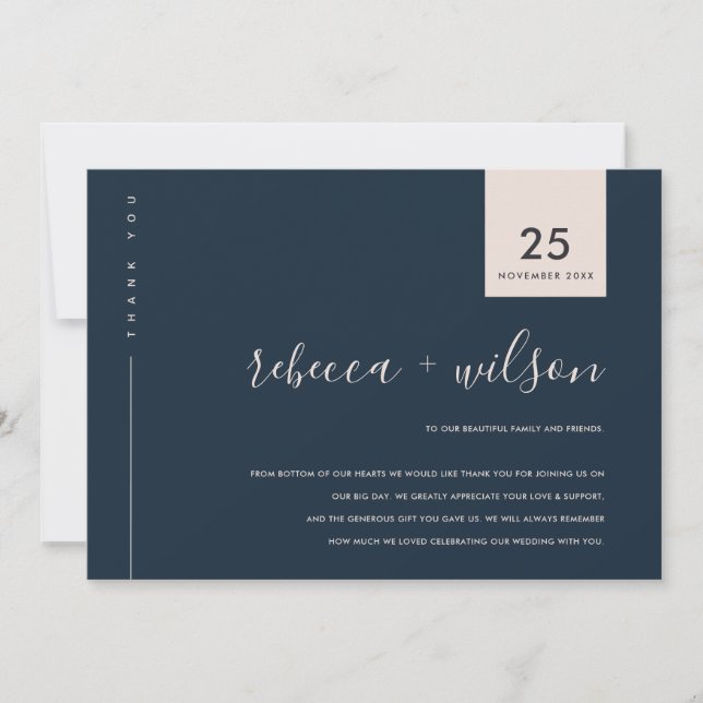 MINIMAL SKANDI NAVY ROSA  TYPOGRAFI BRÖLLOP TACK KORT (Framsida)