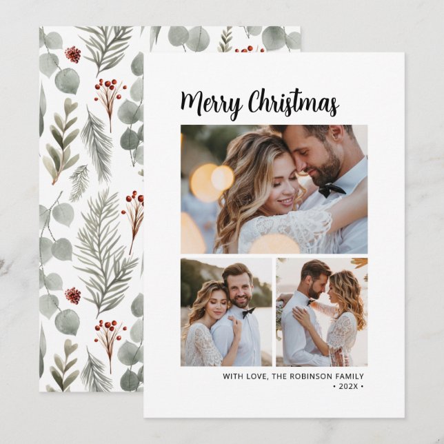 Minimal skript, botaniskt 3 multifoto-jul julkort (Fram/baksida)