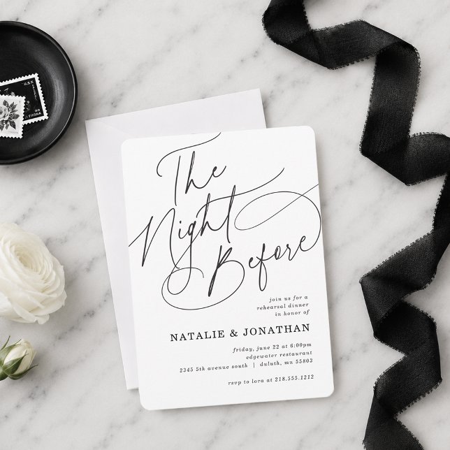 Minimal skript för kvällen före repetitionen midda inbjudningar (Minimal Script The Night Before Rehearsal Dinner Invitation)