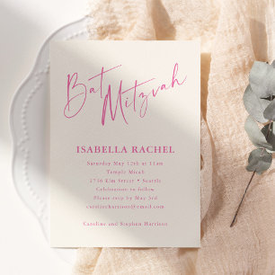 Minimal Skript Hetrosa Kräm Modern Bat Mitzvah Inbjudningar