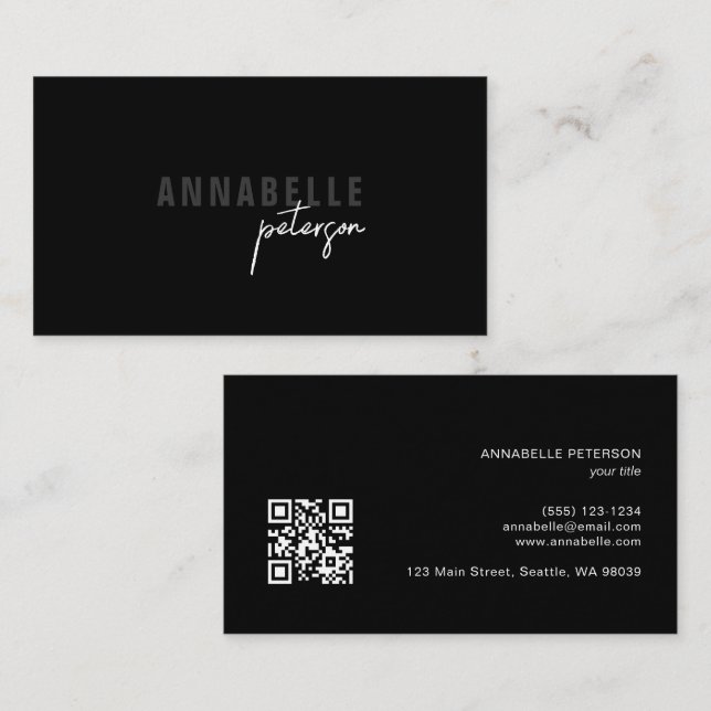 Minimal Skript Professional Chic Svart QR-kod Visitkort (Fram/baksida)