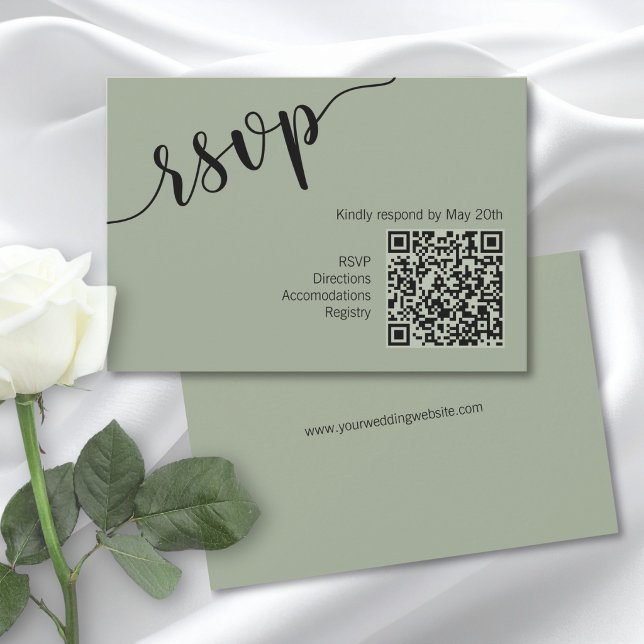 Minimal Skript QR-kod Sagegrön RSVP OSA Kort (Skapare uppladdad)