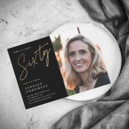 Minimal Skript Svart Guld Foto 60-årsdag Magnetisk Inbjudningskort