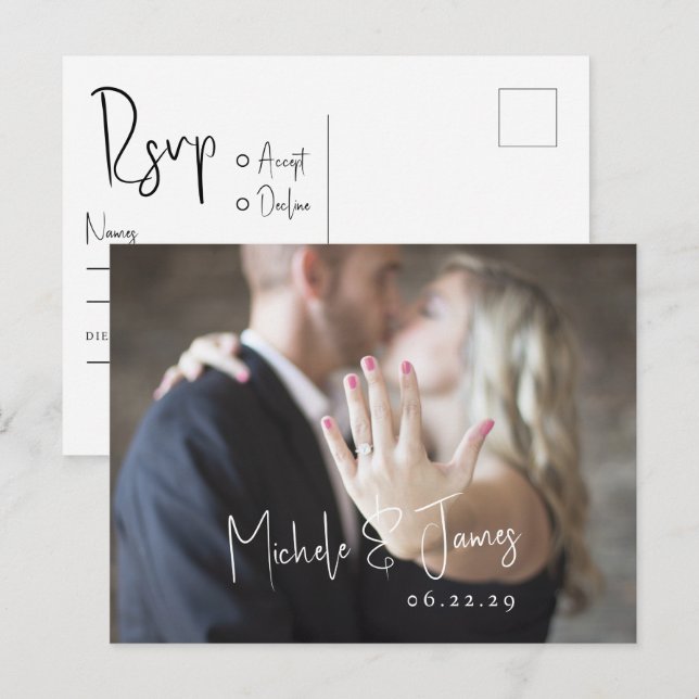Minimal Skript Typografi Foto Bröllop RSVP Inbjudan Vykort (Fram/baksida)
