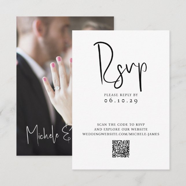 Minimal Skript Typografi Foto QR-kod Bröllop OSA Kort (Fram/baksida)