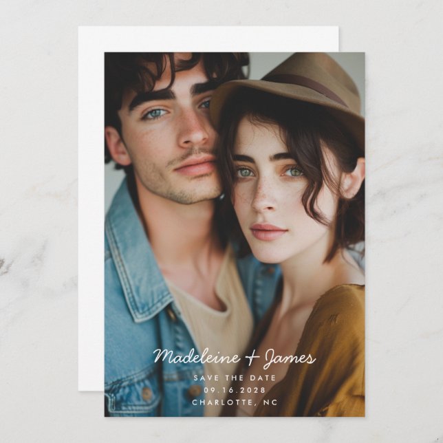 Minimal skriptenkel modern Fullt Photo Bröllop Spara Datumet (Fram/baksida)