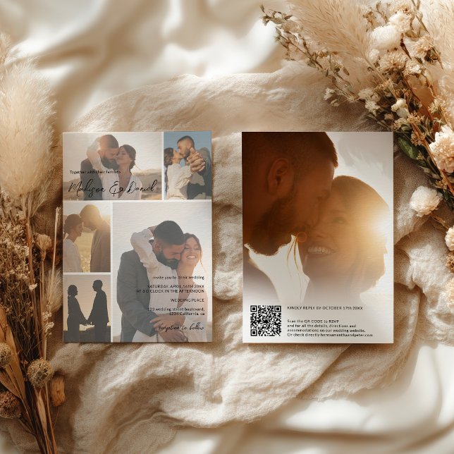 Minimal skriptkod Qr Namn 6-Photo Grid Bröllop Inbjudningar (Modern Script Qr code Names 6-Photo Grid Wedding Invitation)