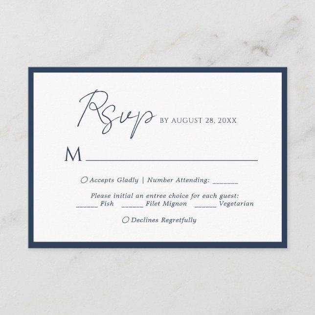 Minimal Skriptmeny Val Navyblå Bröllop RSVP Tilläggskort (Framsida)