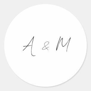 Minimal skriptmonogram Boho Bröllop Black White Runt Klistermärke