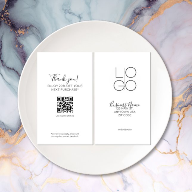 Minimal skriptrabatt för vit Elegant QR Visitkort (Elegant Minimal Script double-sided Discount card)