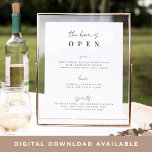 Minimal skriptsignatur på Pub-menyn i Bröllop Poster<br><div class="desc">Inbjudan dina gäster att ta en favoritlibation från pub med vår charmerande menyskylt bröllop pub. 11x14 poster funktionerna "pub är öppet" i ett skarpt svart kalligrafiskt skript och blockering. Anpassa med dina dryckesval under.</div>