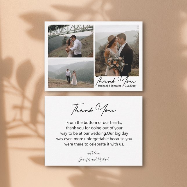 minimal skripttack för 3 foton som kollage bröllop anteckningskort (Skapare uppladdad)