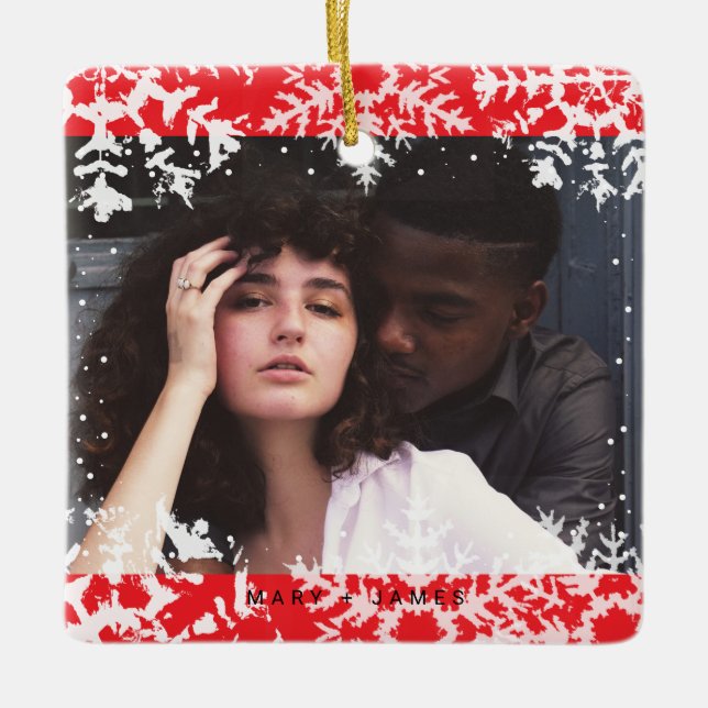 Minimal Snowflakes Frame | Merry and Married Photo Julgransprydnad Keramik (Framsida)