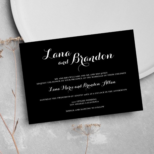 Minimal snyggt, klassiskt skript svart vitt bröllo inbjudningar (Minimal stylish classic script black white wedding)