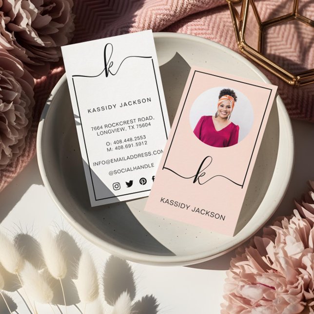 Minimal Snyggt Skriptmonogram Ram Circle Photo Visitkort (Minimal Stylish Script Monogram Frame Circle Photo Business Card)