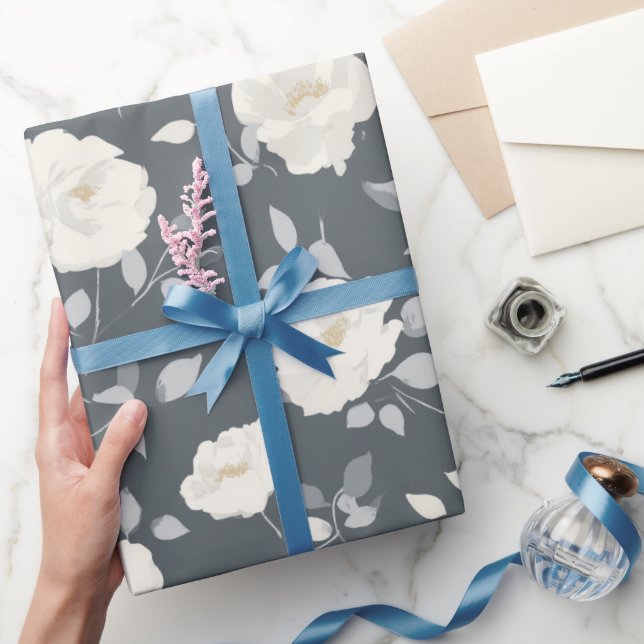 Minimal Soft Grey Rose White Floral Pattern Presentpapper (Gifting)
