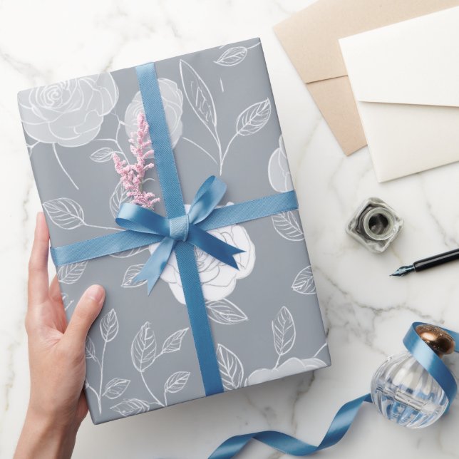 Minimal Soft Grey Rose White Floral Pattern Presentpapper (Gifting)