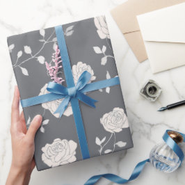 Minimal Soft Grey Rose White Floral Pattern Presentpapper