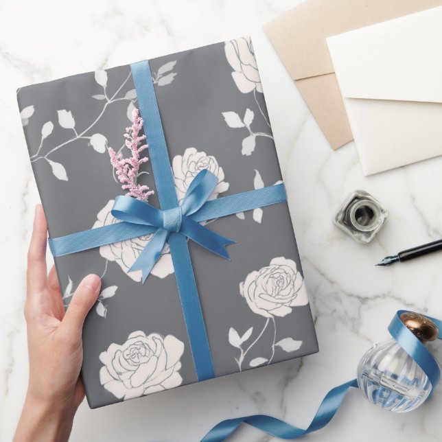 Minimal Soft Grey Rose White Floral Pattern Presentpapper (Gifting)