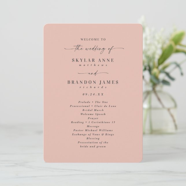Minimal Solid  Rosa Bröllop Ceremony Program (Stående Fram)
