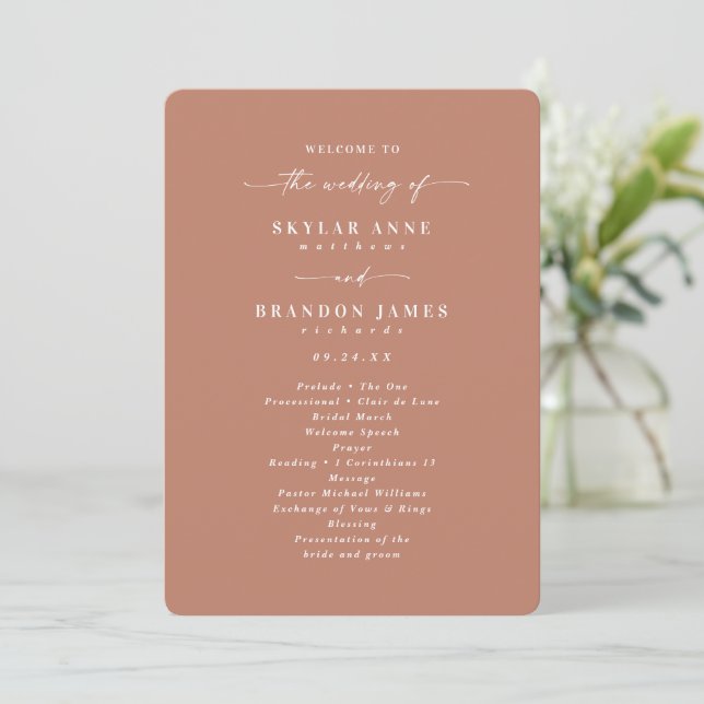 Minimal Solid Terracotta Clay Bröllop Ceremony Program (Stående Fram)