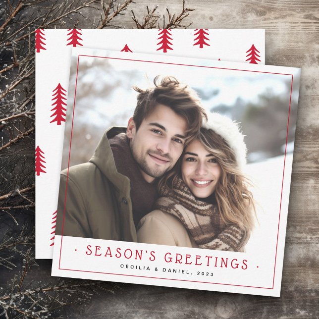 Minimal söt Julgranar-fotoröd vit Julkort (Minimal cute Christmas trees photo red white Holiday Card)