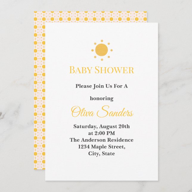 Minimal Sunshine Baby Shower Inbjudningar (Fram/baksida)