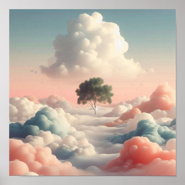 Minimal Surreal Tree Above Soft Pastel Clouds Poster (Framsidan)