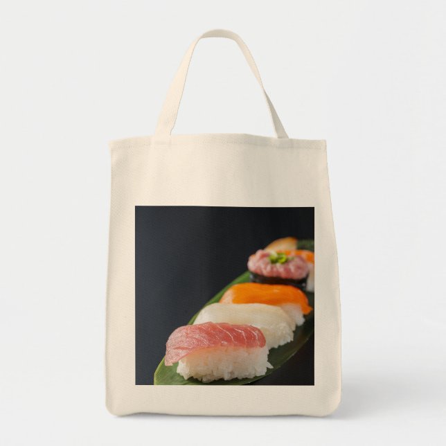 Minimal Sushi Elegance Tote – Nigiri on Leaf Tygkasse (Framsidan)