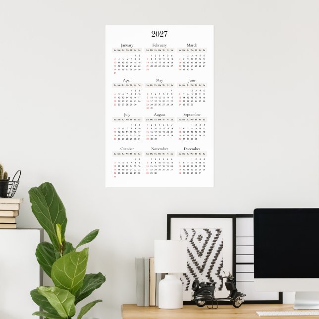 Minimal Svart 2027 Kalender | Vilken bakgrundsfärg Poster (Hemmakontoret)