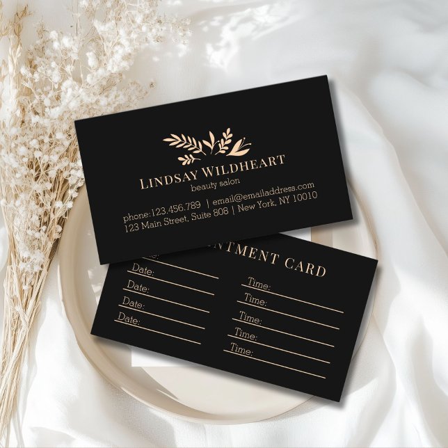 Minimal Svart Botanisk Salong Tidsbeställning Kort (Custom Minimal Black Botanical Salon Appointment Card)