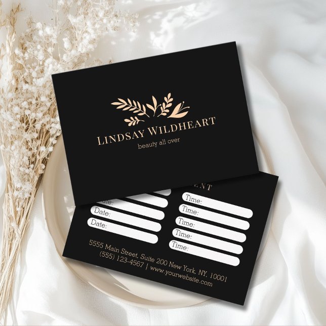 Minimal Svart Botanisk Salongbokning Tidsbeställning Kort (Minimal Black Botanical Salon Appointment Card)
