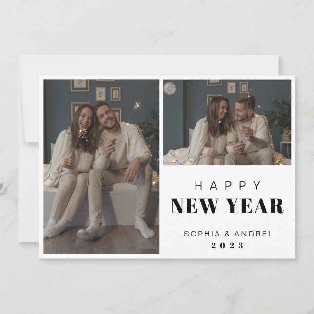 Minimal svart fet text 2 foto Gott nytt år Julkort (Framsida)