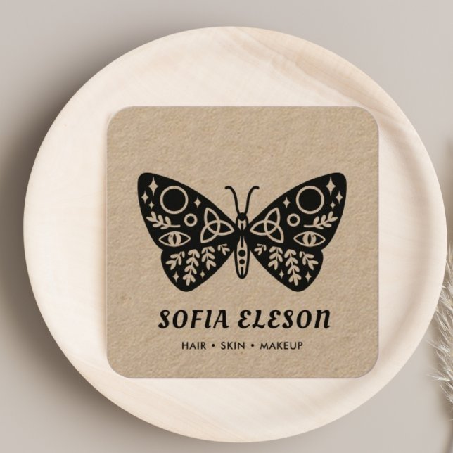 Minimal svart fjäril-hair & Makeup Rustic Craft Fyrkantigt Visitkort (Skapare uppladdad)