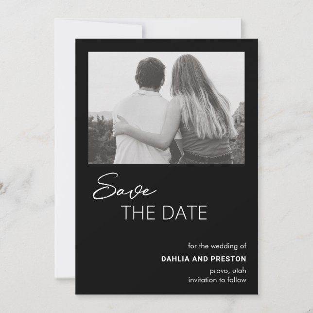 Minimal svart foto Modern Bröllop Spara Datumet (Framsida)