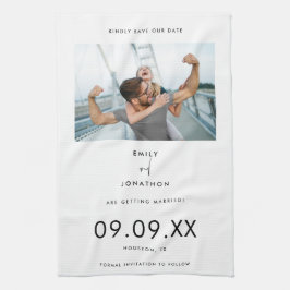 Minimal svart fototypografi vit Spara datumet Kökshandduk