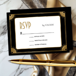 Minimal Svart Guld Art Deco Blommig Bröllops-RSVP Tilläggskort