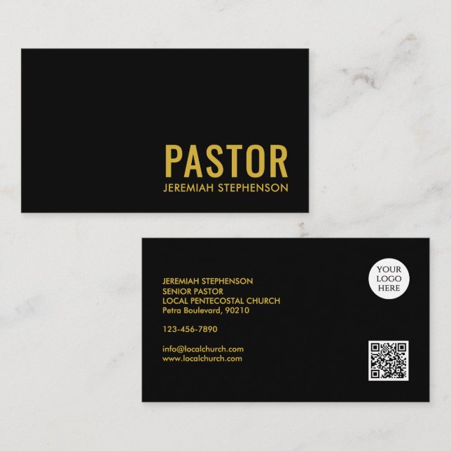 Minimal Svart Guld Logo QR-kod PASTOR Visitkort (Fram/baksida)