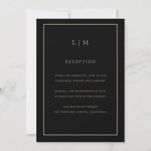 Minimal svart Guld-monogram enkelt Elegant bröllop Inbjudningar (Framsida)