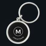 Minimal svart, klassiskt monogram rund silverfärgad nyckelring<br><div class="desc">Minimal,  rundfärgad nyckelkedja med monogrammet har en svart bakgrund med den klassiska blocktypografin i namn i vitt för ett enkelt klassiskt professionell.</div>