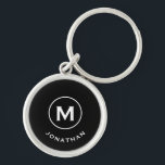 Minimal svart, klassiskt monogram rund silverfärgad nyckelring<br><div class="desc">Minimal,  rundfärgad nyckelkedja med monogrammet har en svart bakgrund med den klassiska blocktypografin i namn i vitt för ett enkelt klassiskt professionell.</div>
